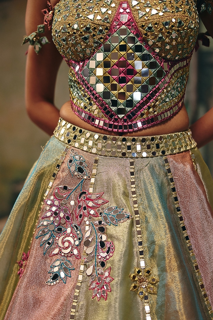 Multi-Colored Chanderi Floral Motif Work Paneled Wedding Lehenga Set by Label Moni K at Pernia's Pop Up Shop