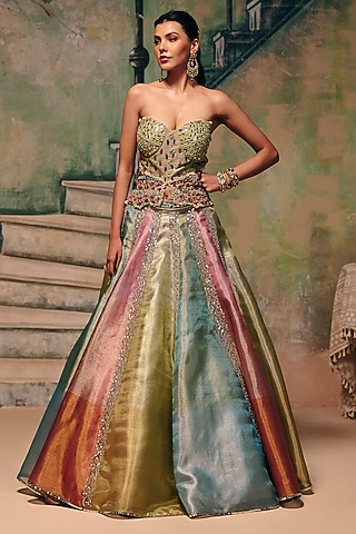 Multi-Colored Chanderi Sequins Work Lehenga Set by Label Moni K