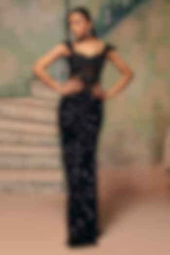 Black Chantilly Net Draped Skirt Set by Label Moni K at Pernia's Pop Up Shop