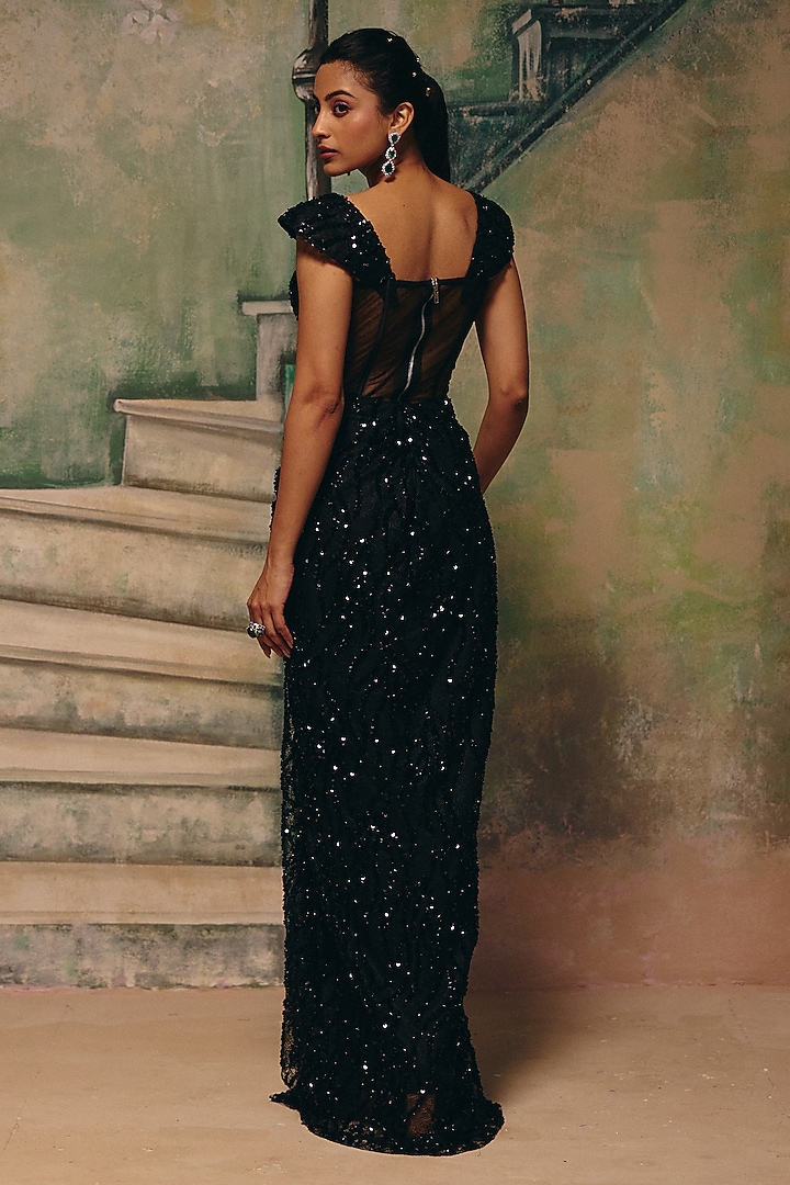 Black Chantilly Net Draped Skirt Set by Label Moni K at Pernia's Pop Up Shop