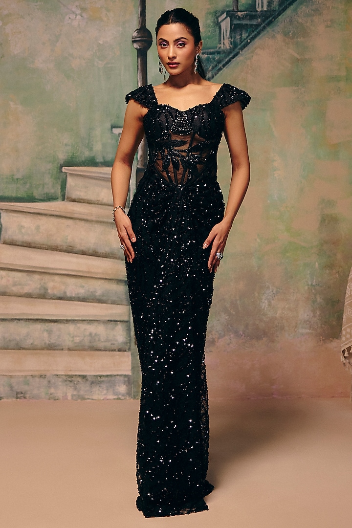 Black Chantilly Net Draped Skirt Set by Label Moni K at Pernia's Pop Up Shop