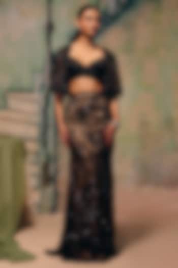 Black Chantilly Net Embroidered Draped Skirt Set by Label Moni K at Pernia's Pop Up Shop