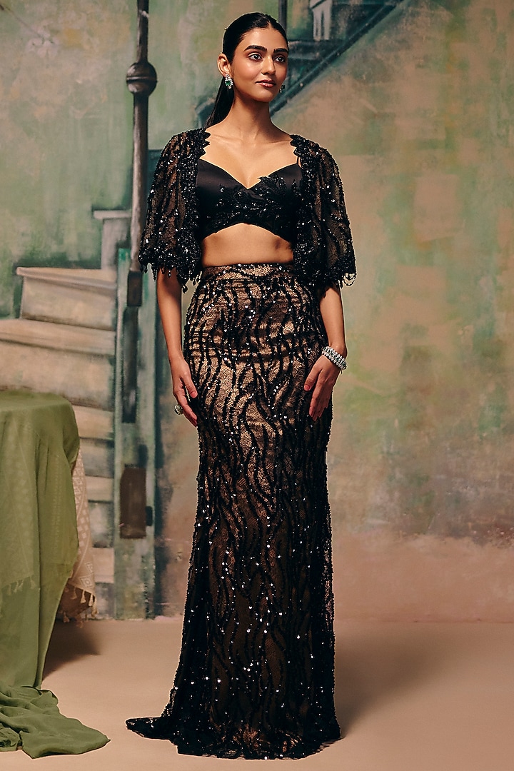 Black Chantilly Net Embroidered Draped Skirt Set by Label Moni K at Pernia's Pop Up Shop