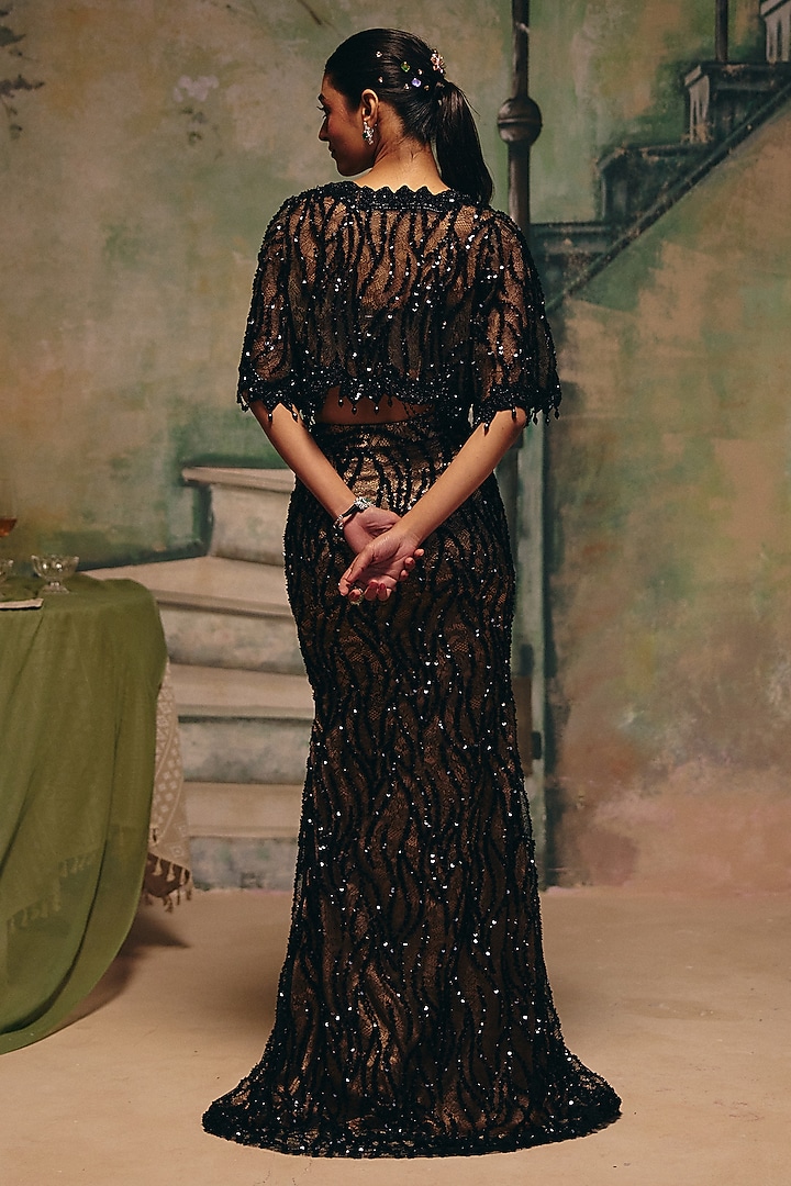 Black Chantilly Net Embroidered Draped Skirt Set by Label Moni K at Pernia's Pop Up Shop