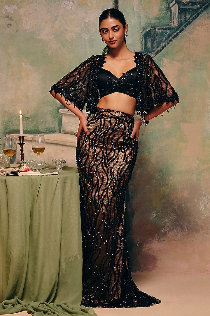 Black Chantilly Net Embroidered Draped Skirt Set by Label Moni K at Pernia's Pop Up Shop