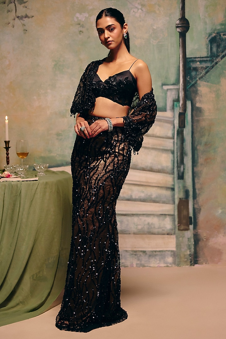 Black Chantilly Net Embroidered Draped Skirt Set by Label Moni K at Pernia's Pop Up Shop
