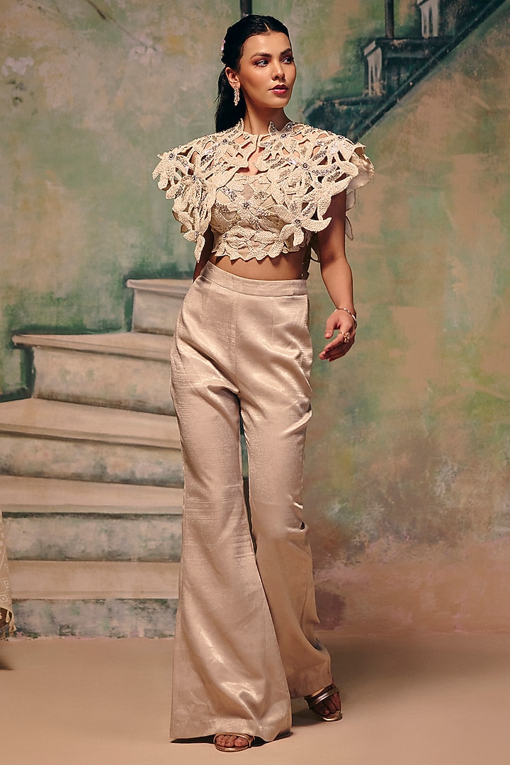 Champagne Metallic Jersey Pant Set by Label Moni K at Pernia's Pop Up Shop