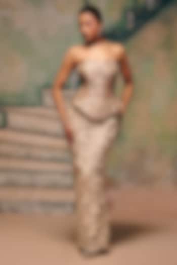 Champagne Satin Draped Skirt Set by Label Moni K at Pernia's Pop Up Shop