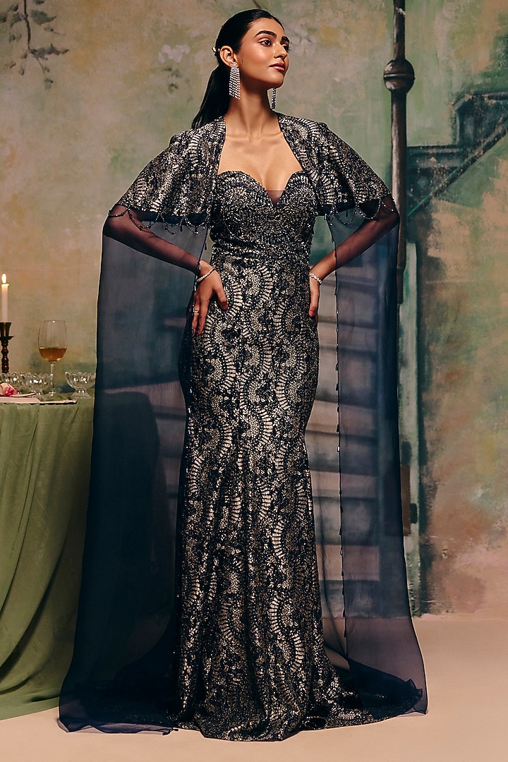 Navy Blue Chantilly & Organza Embellished Engagement Gown With Cape by Label Moni K at Pernia's Pop Up Shop