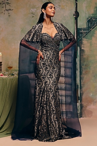 Navy Blue Chantilly & Organza Embellished Gown With Cape by Label Moni K