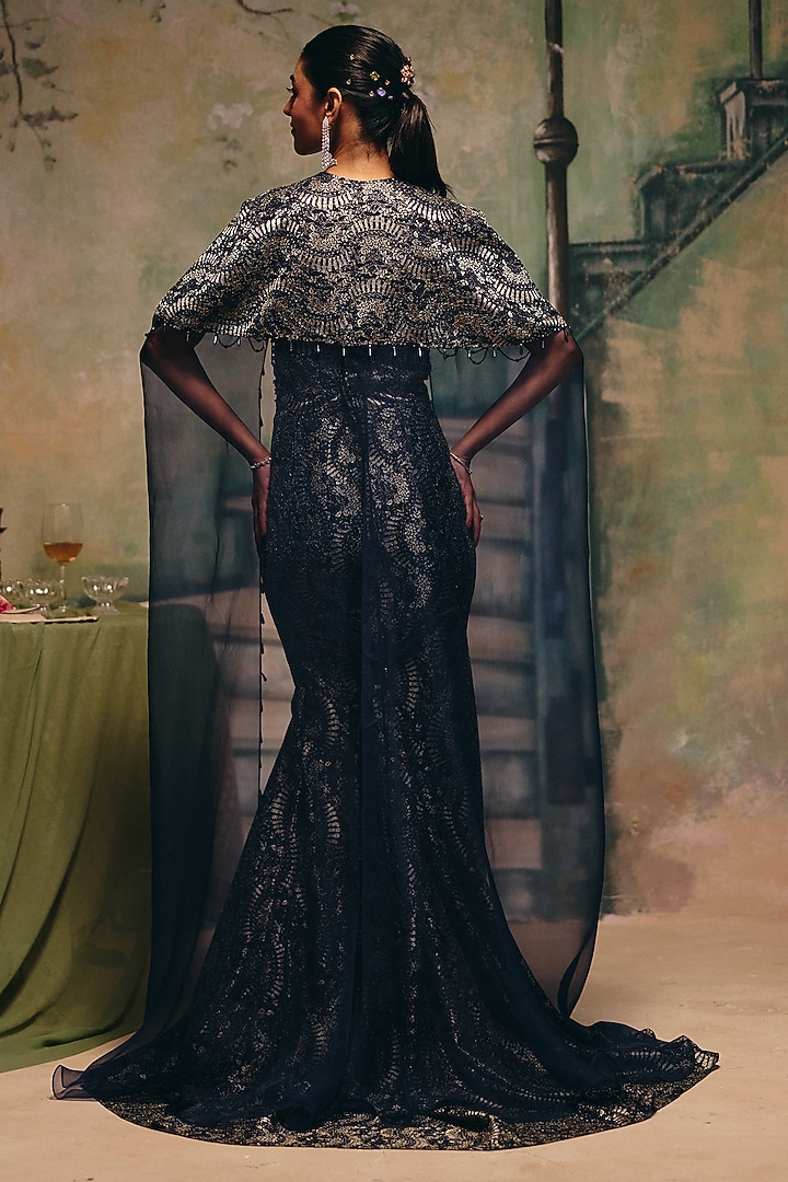 Navy Blue Chantilly & Organza Embellished Engagement Gown With Cape by Label Moni K at Pernia's Pop Up Shop