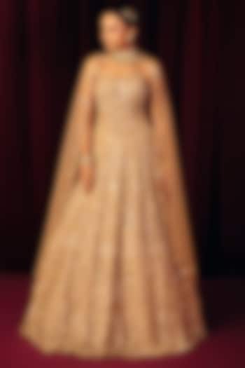 Golden Net & Pearl Sheen Organza Bridal Lehenga Set by Label Moni K at Pernia's Pop Up Shop