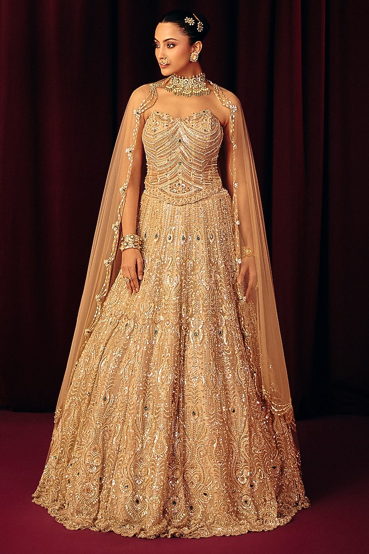 Golden Net & Pearl Sheen Organza Bridal Lehenga Set by Label Moni K at Pernia's Pop Up Shop