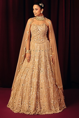 Golden Net & Pearl Sheen Organza Lehenga Set by Label Moni K