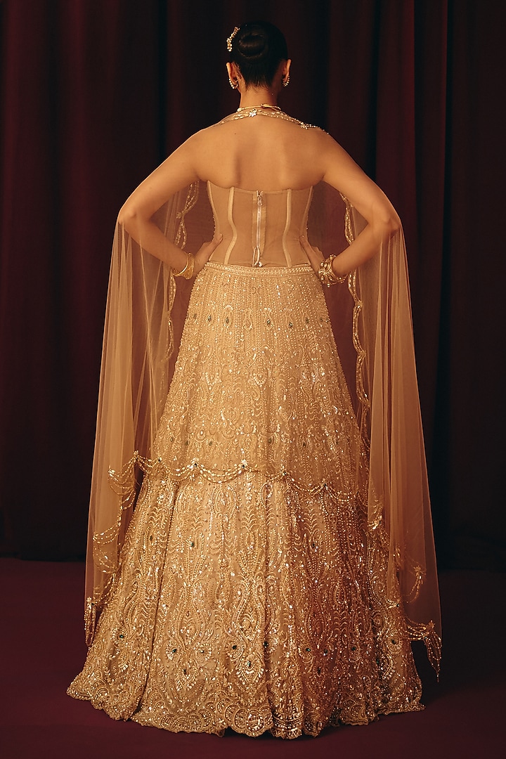 Golden Net & Pearl Sheen Organza Bridal Lehenga Set by Label Moni K at Pernia's Pop Up Shop