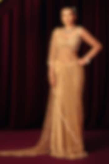Golden Net & Pearl Sheen Organza Embellished Draped Reception Saree Set by Label Moni K at Pernia's Pop Up Shop