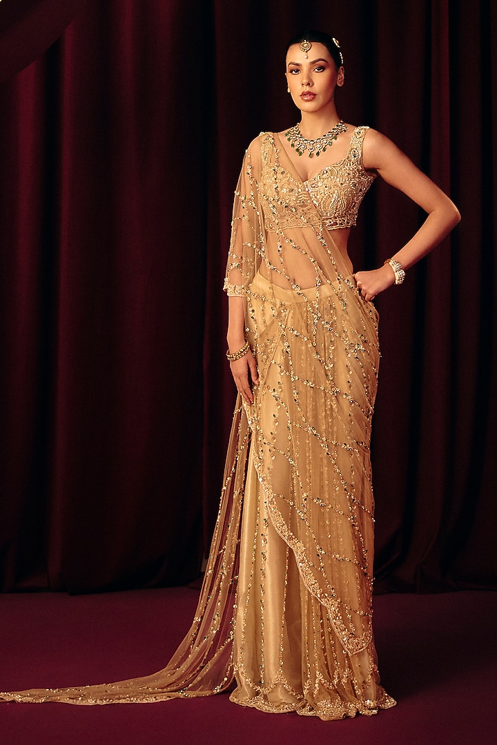 Golden Net & Pearl Sheen Organza Embellished Draped Reception Saree Set by Label Moni K at Pernia's Pop Up Shop