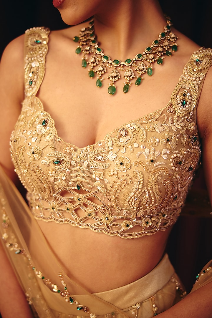 Golden Net & Pearl Sheen Organza Embellished Draped Reception Saree Set by Label Moni K at Pernia's Pop Up Shop