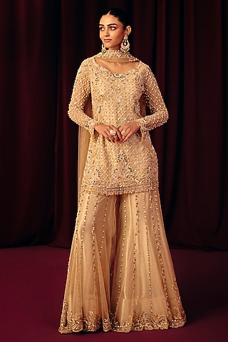 Golden Net & Pearl Sheen Organza Embroidered Sharara Set by Label Moni K