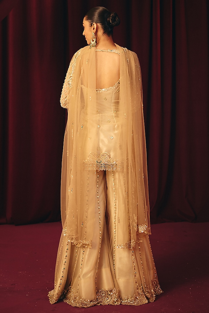 Golden Net & Pearl Sheen Organza Embroidered Bridal Sharara Set by Label Moni K at Pernia's Pop Up Shop