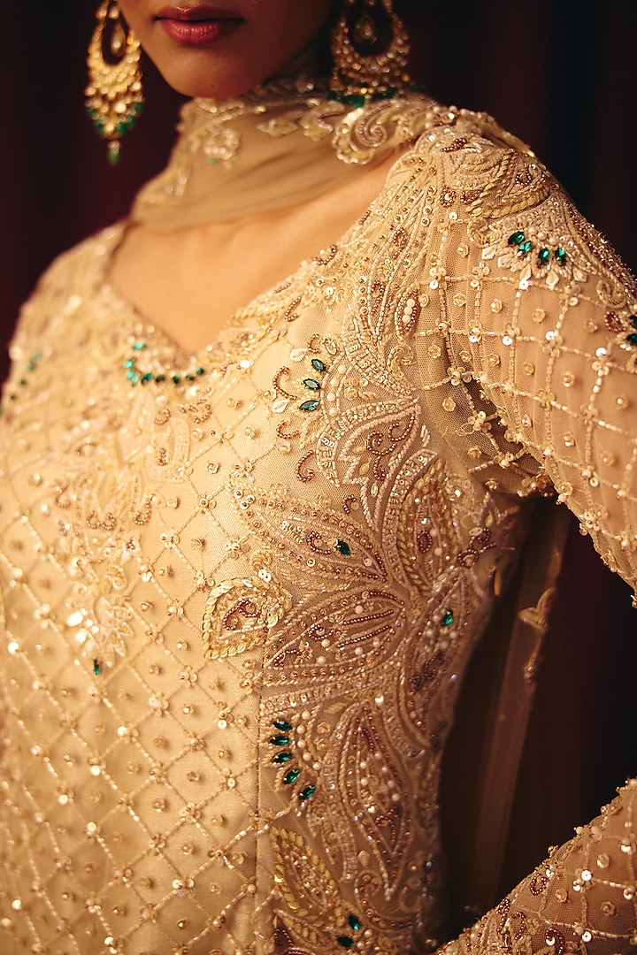 Golden Net & Pearl Sheen Organza Embroidered Bridal Sharara Set by Label Moni K at Pernia's Pop Up Shop