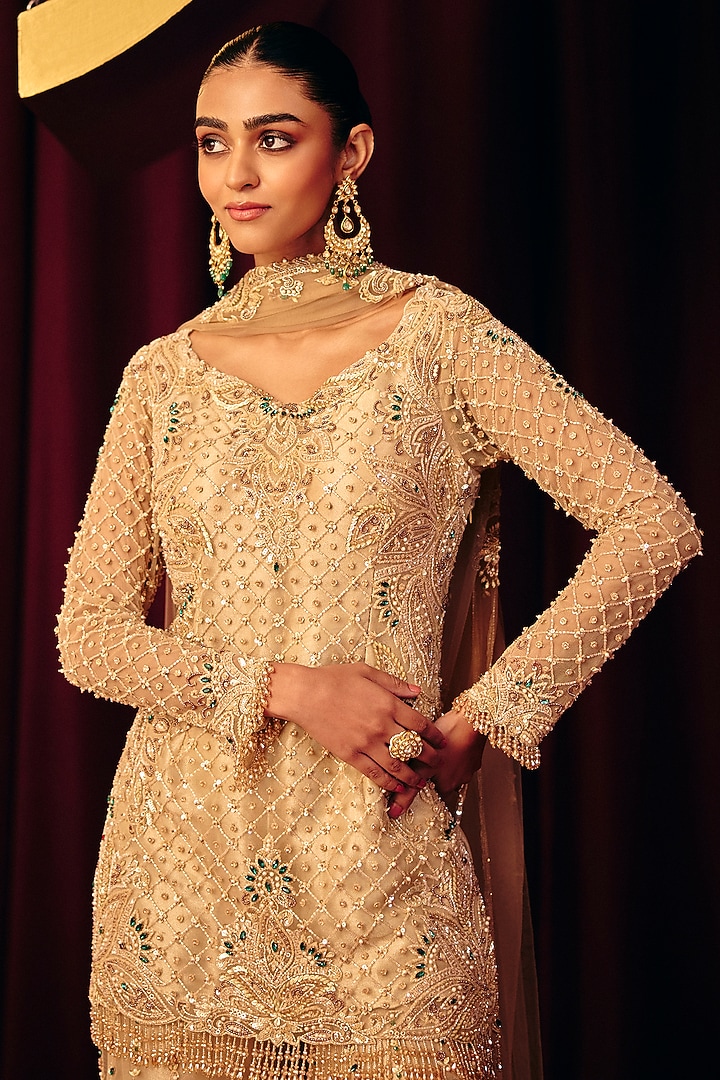 Golden Net & Pearl Sheen Organza Embroidered Bridal Sharara Set by Label Moni K at Pernia's Pop Up Shop