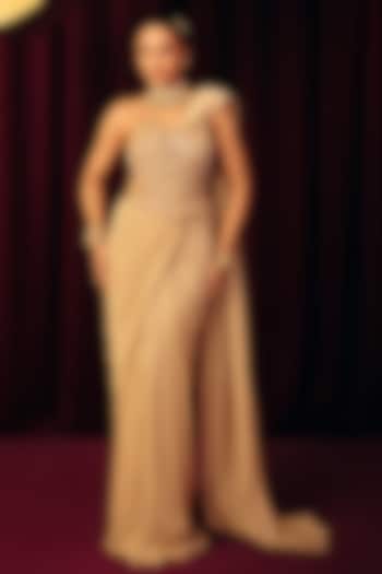 Champagne Gold Platanoir Net Draped Wedding Saree Set by Label Moni K at Pernia's Pop Up Shop