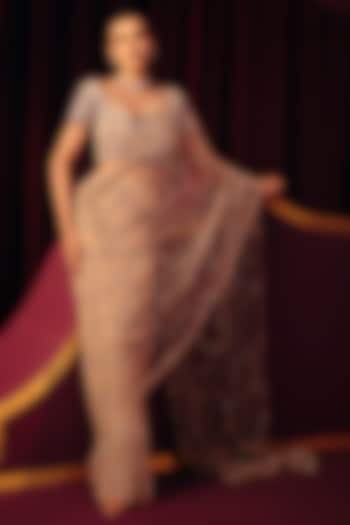 Smokey Grey Net Sequins Embroidered Draped Reception Saree Set by Label Moni K at Pernia's Pop Up Shop