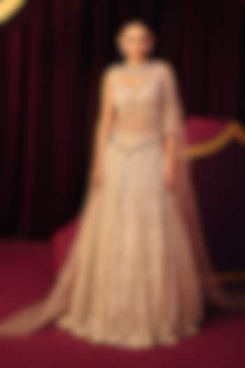 Golden Net & Satin Sequins Embroidered Fishcut Bridal Lehenga Set by Label Moni K at Pernia's Pop Up Shop