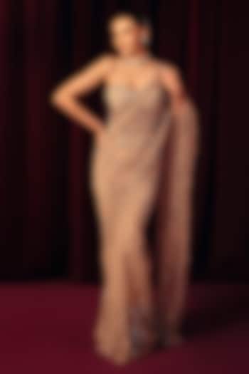 Grey Net & Satin Sequins Work Pre-Draped Wedding Saree Set by Label Moni K at Pernia's Pop Up Shop