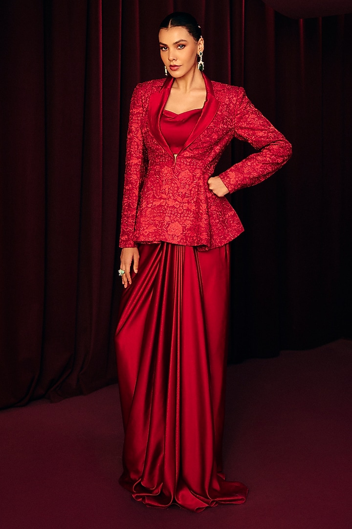 Red Satin Draped Skirt Set by Label Moni K at Pernia's Pop Up Shop