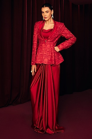 Red Satin Draped Skirt Set by Label Moni K
