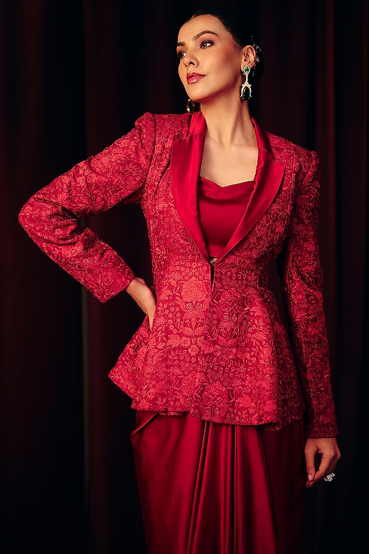Red Satin Draped Skirt Set by Label Moni K at Pernia's Pop Up Shop