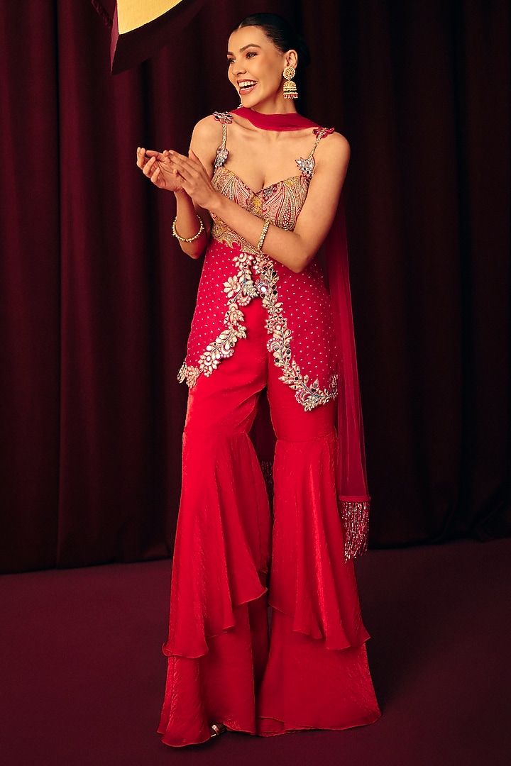 Red Organza Tiered Party Wear Sharara Set by Label Moni K at Pernia's Pop Up Shop