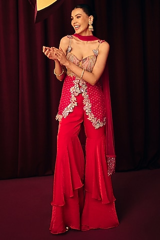 Red Organza Tiered Sharara Set by Label Moni K