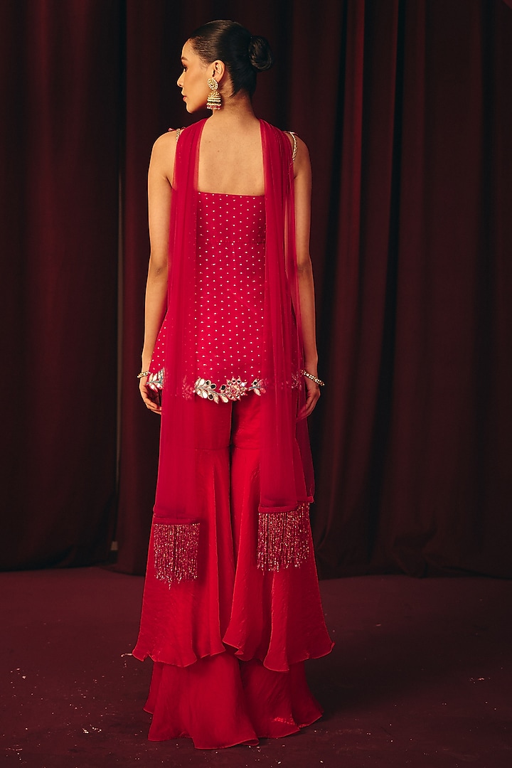Red Organza Tiered Party Wear Sharara Set by Label Moni K at Pernia's Pop Up Shop