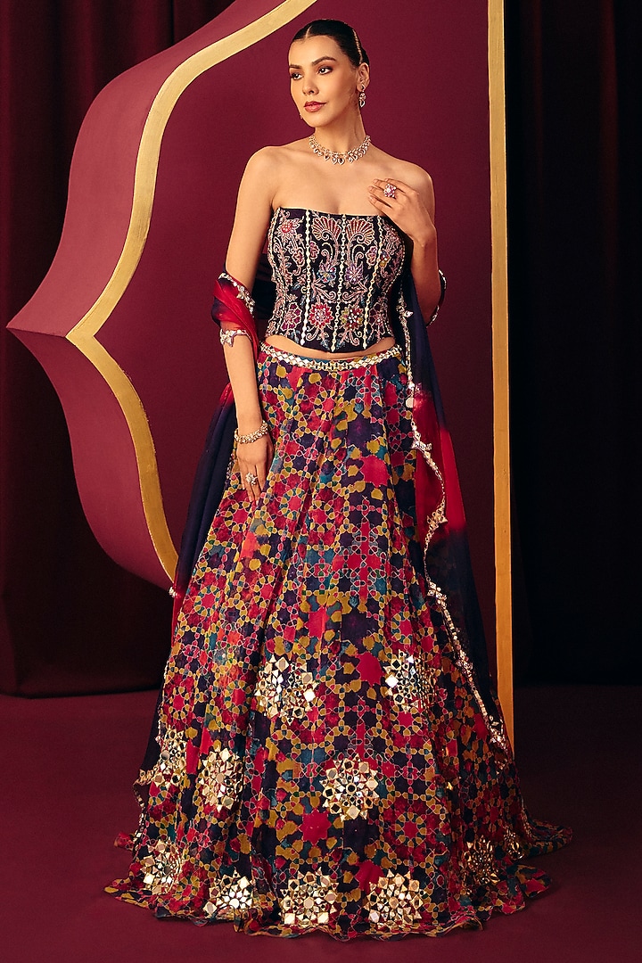 Multi-Colored Organza Printed & Mirror Work Wedding Lehenga Set by Label Moni K at Pernia's Pop Up Shop