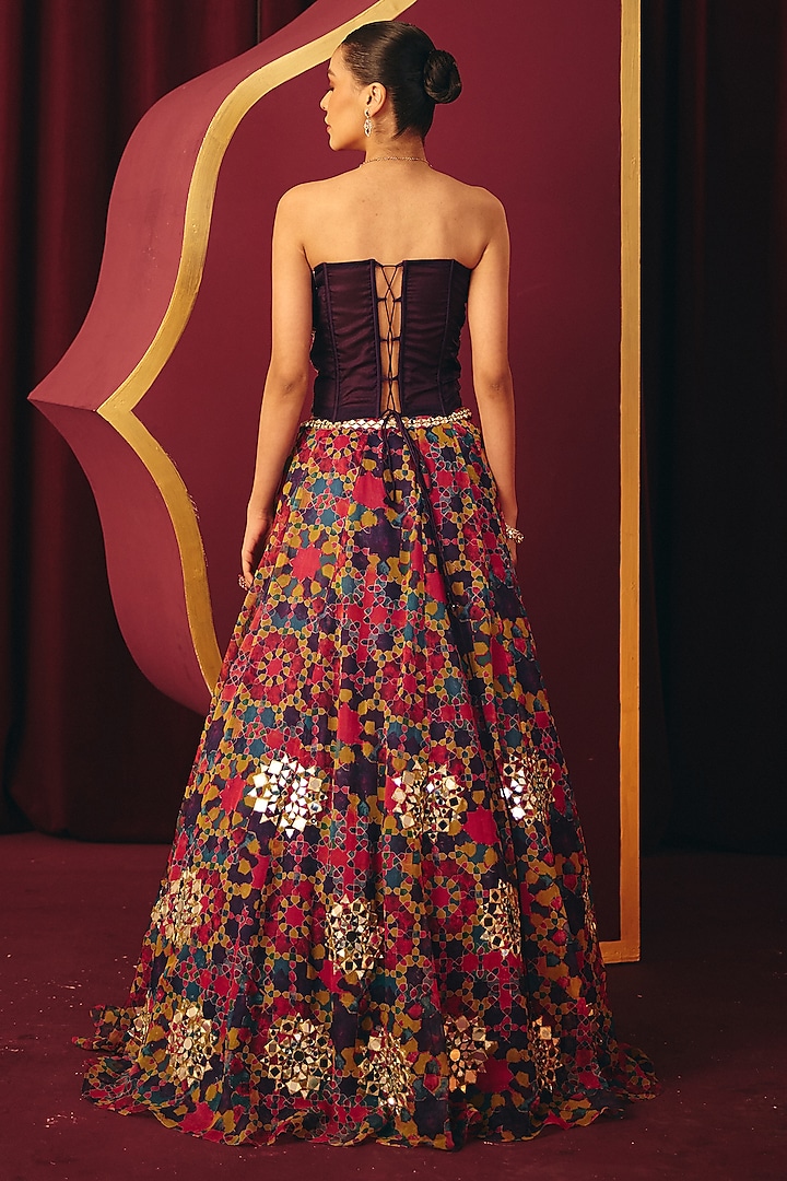 Multi-Colored Organza Printed & Mirror Work Wedding Lehenga Set by Label Moni K at Pernia's Pop Up Shop