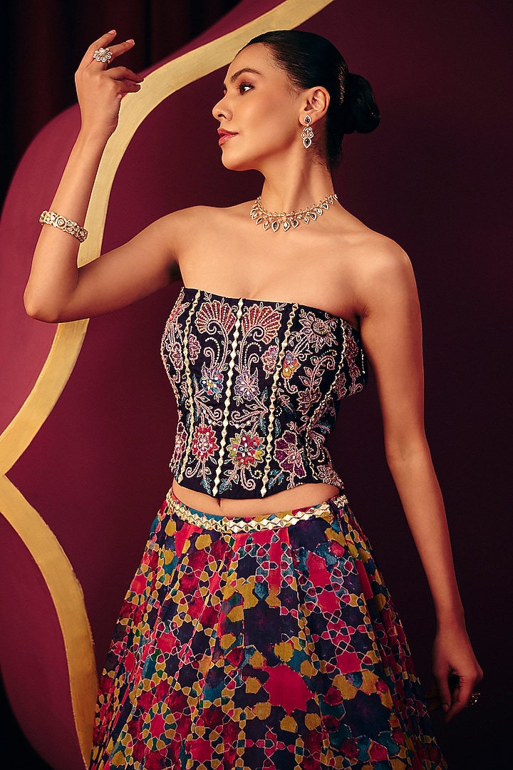 Multi-Colored Organza Printed & Mirror Work Wedding Lehenga Set by Label Moni K at Pernia's Pop Up Shop