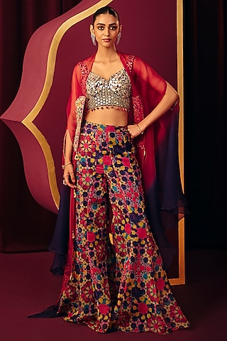 Multi-Colored Organza Printed Sharara Set by Label Moni K
