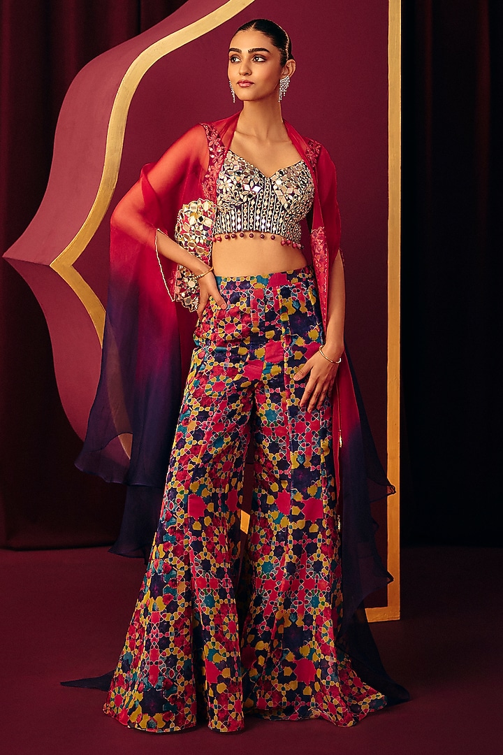 Multi-Colored Organza Printed Wedding Sharara Set by Label Moni K at Pernia's Pop Up Shop