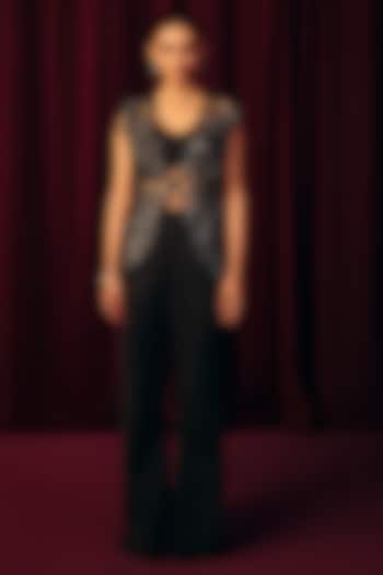 Black Textured Satin Cutwork Jacket Set by Label Moni K at Pernia's Pop Up Shop