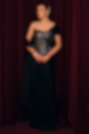 Black Galaxy Crepe Draped Skirt Set by Label Moni K at Pernia's Pop Up Shop