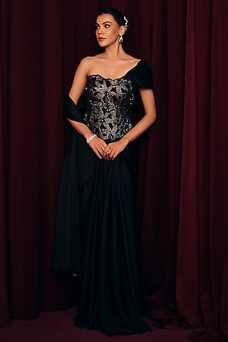 Black Galaxy Crepe Draped Skirt Set by Label Moni K