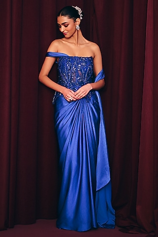 Cobalt Blue Galaxy Crepe Draped Skirt Set by Label Moni K