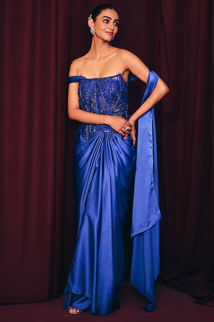 Cobalt Blue Galaxy Crepe Draped Skirt Set by Label Moni K at Pernia's Pop Up Shop