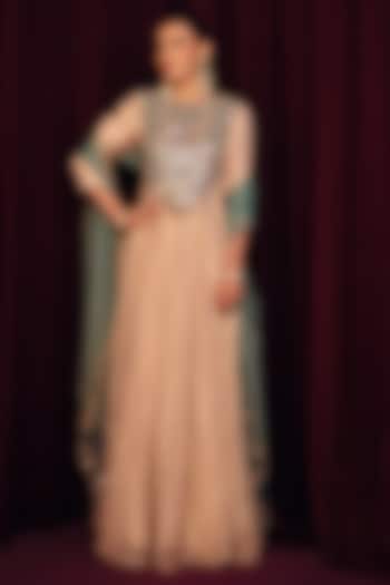 Ivory Crush Tissue Hand Embroidered Wedding Anarkali Set by Label Moni K at Pernia's Pop Up Shop