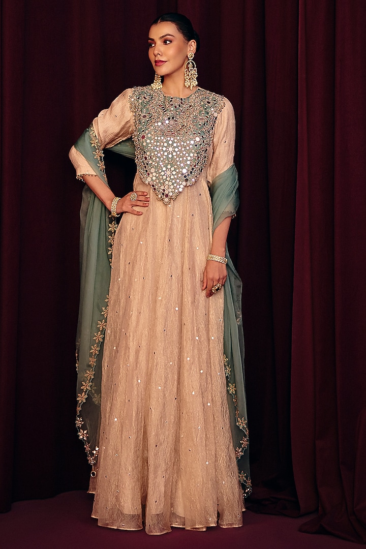 Ivory Crush Tissue Hand Embroidered Wedding Anarkali Set by Label Moni K at Pernia's Pop Up Shop