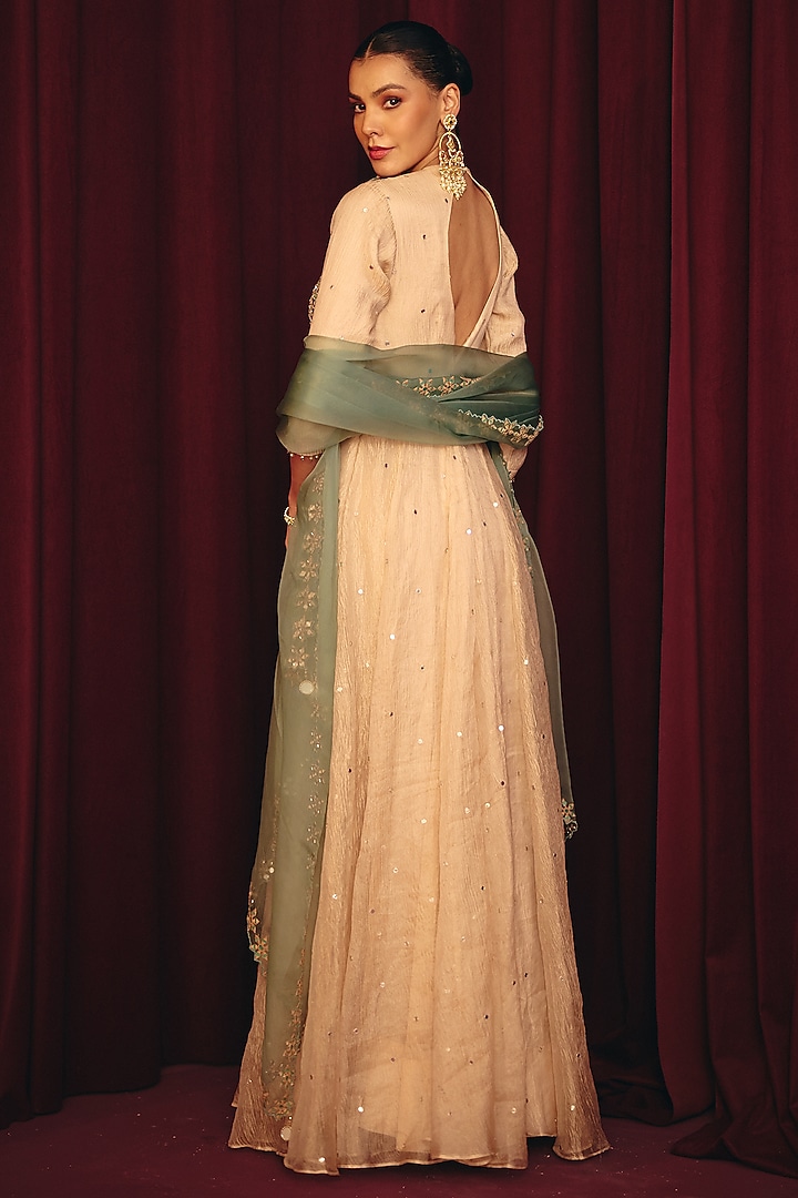 Ivory Crush Tissue Hand Embroidered Wedding Anarkali Set by Label Moni K at Pernia's Pop Up Shop