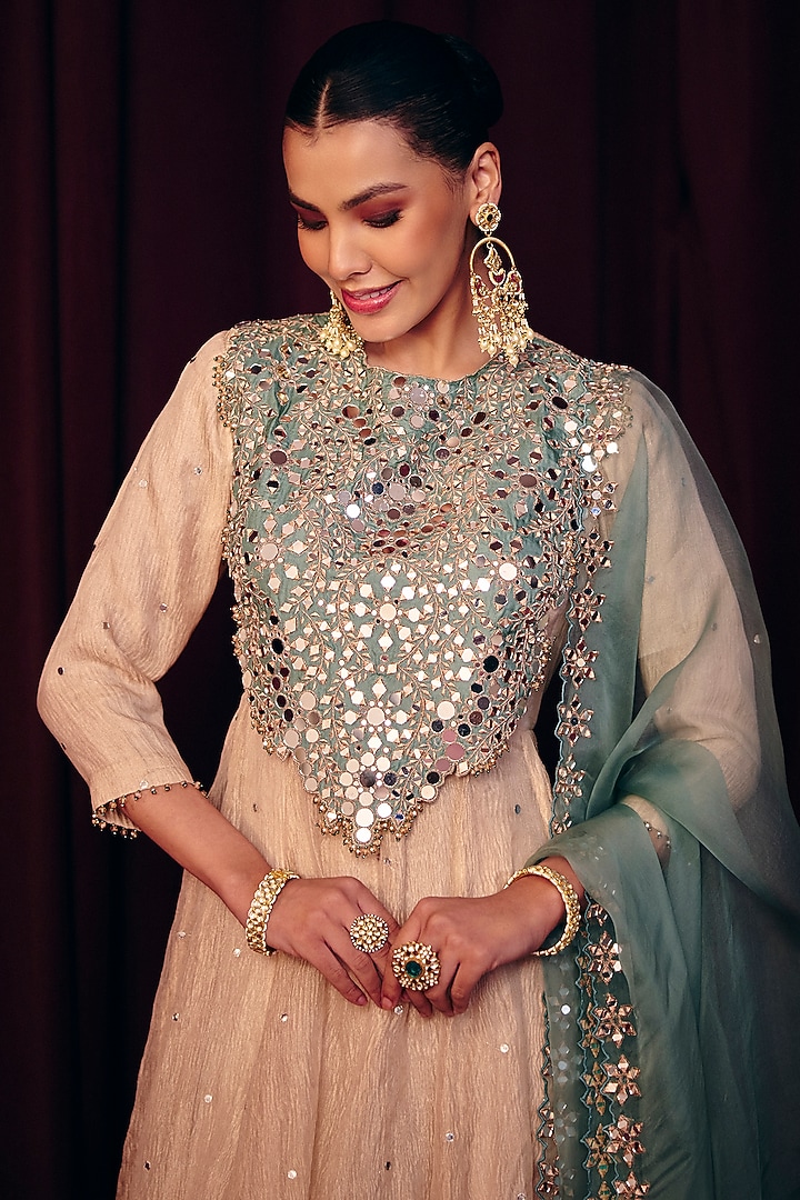Ivory Crush Tissue Hand Embroidered Wedding Anarkali Set by Label Moni K at Pernia's Pop Up Shop